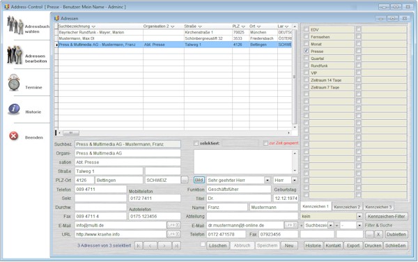 Screenshot vom Programm: Address-Control for David (Tobit)